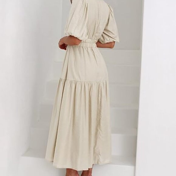 Women's V Neck Short Puff Sleeve A Line Tiered Fall Wedding Guest Maxi Dress - Picture 4 of 7